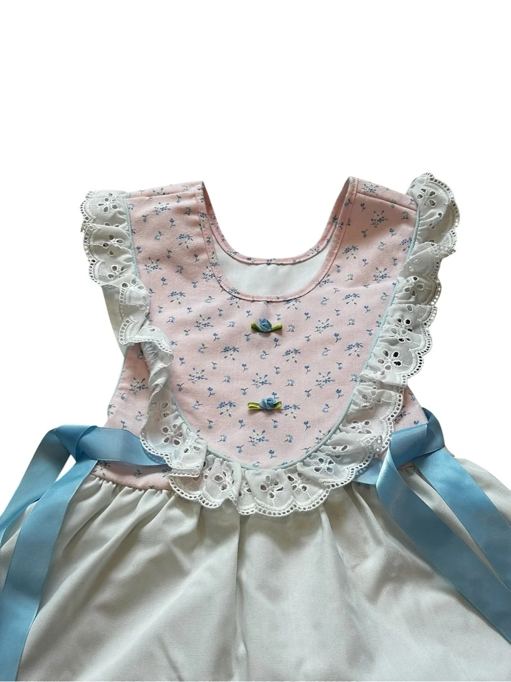 Vintage Girls Pink Floral Apron Dress Eyelet Trim Ribbons Cottagecore Prairie